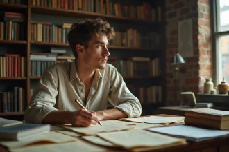 Jeune poète contemporain réécrivant un poème sur les parents inspiré de Rimbaud, assis à un bureau en bois couvert de brouillons manuscrits