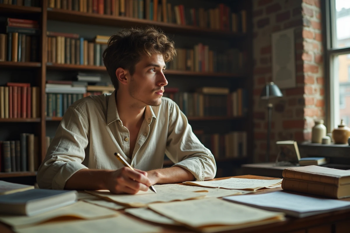 Jeune poète contemporain réécrivant un poème sur les parents inspiré de Rimbaud, assis à un bureau en bois couvert de brouillons manuscrits