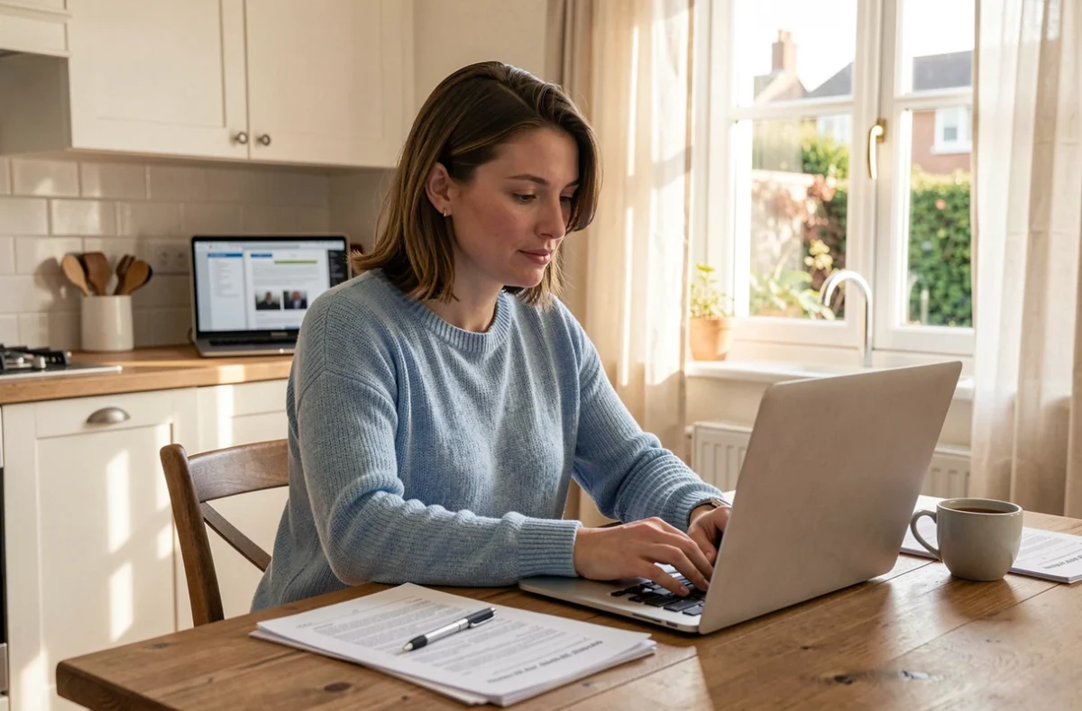 Mère de famille utilisant le portail famille en ligne depuis son ordinateur portable dans sa cuisine pour gérer les démarches périscolaires à Toulon
