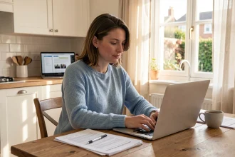 Mère de famille utilisant le portail famille en ligne depuis son ordinateur portable dans sa cuisine pour gérer les démarches périscolaires à Toulon
