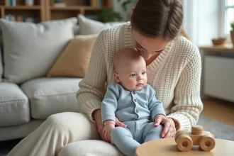 Mère soutenant son bébé en position assise sur ses genoux dans un salon scandinave, geste ergonomique pour protéger le dos du nourrisson