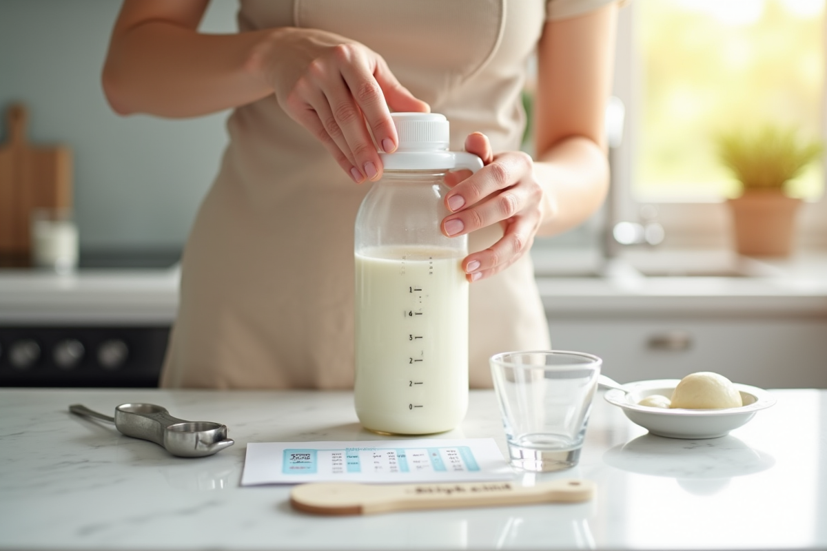 Parent préparant un biberon avec outils de mesure sur un plan blanc