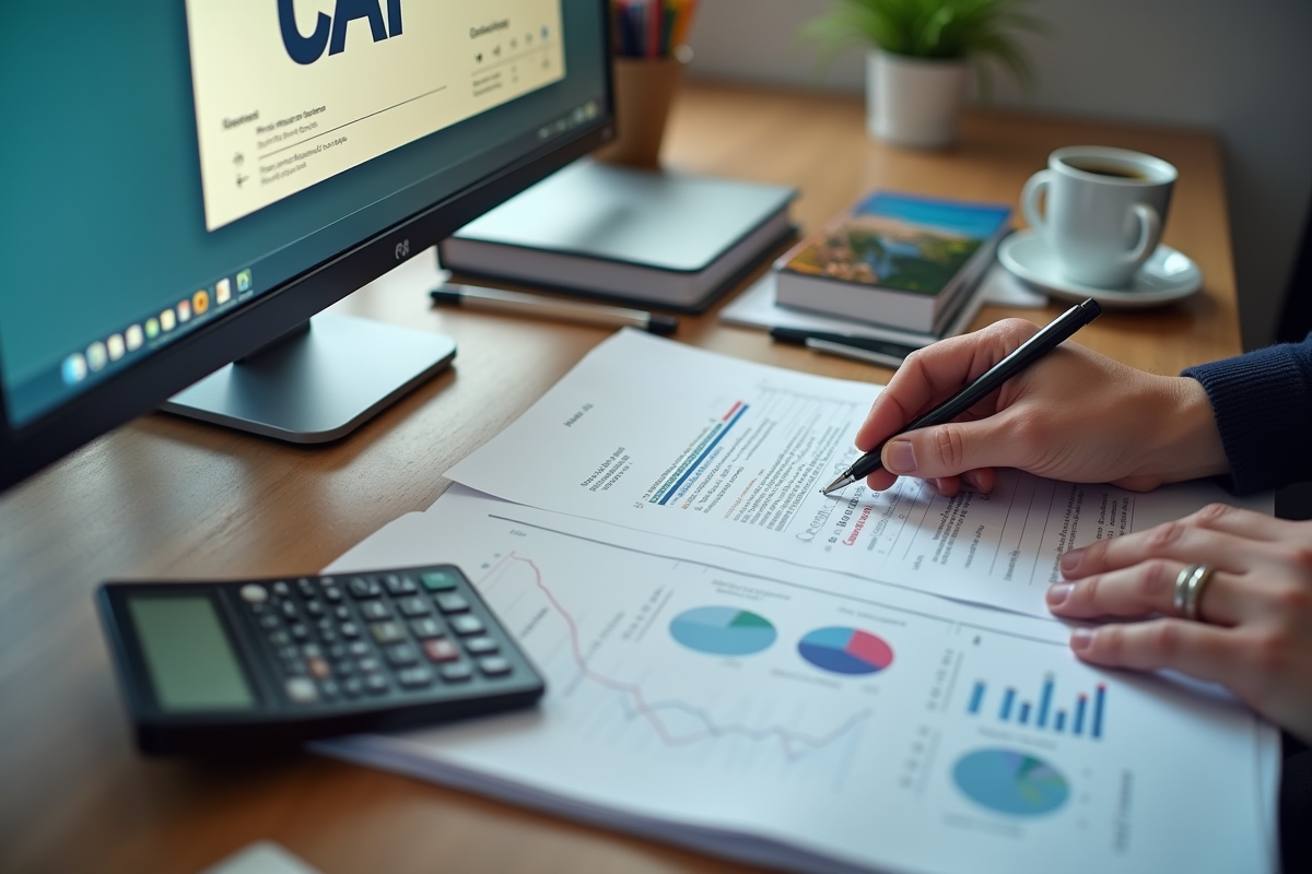 Gros plan sur des documents financiers et un ordinateur avec logo CAF