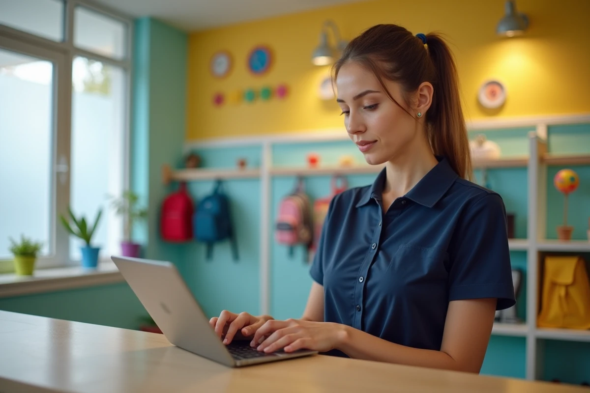 Professionnelle de crèche consultant une application de paie sur tablette à l'accueil d'un établissement de garde d'enfants
