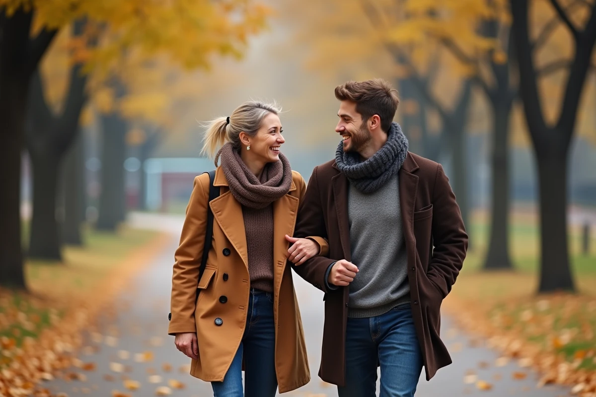 Femme et son fils marchant dans un parc en automne