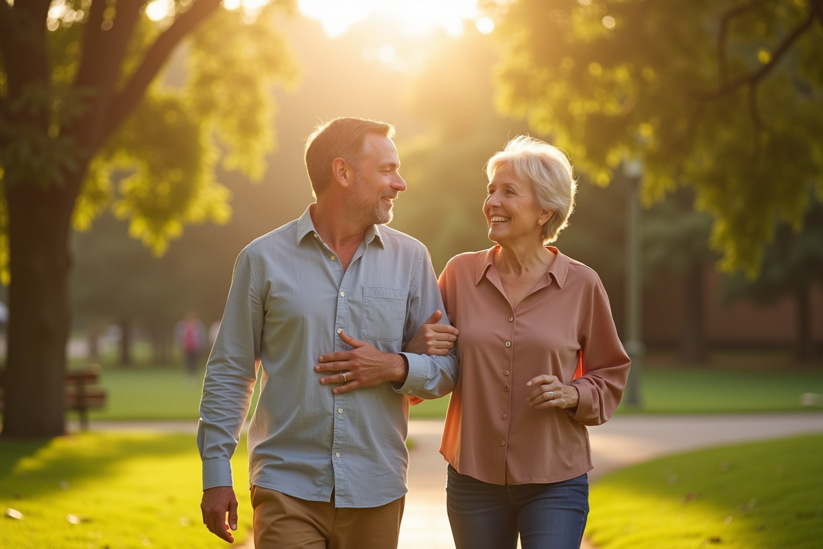 Homme et femme marchant dans un parc ensoleille avec sourire