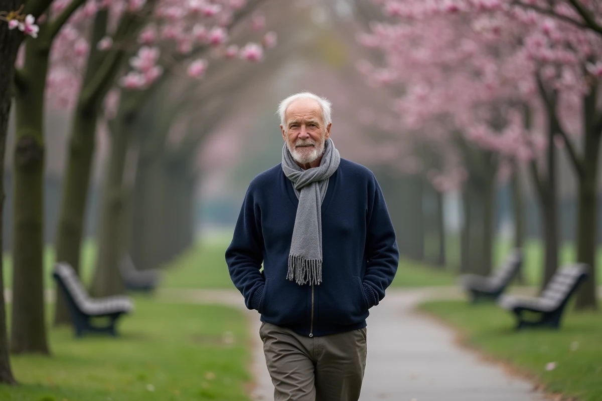 Homme âgé marchant dans un parc au printemps avec des magnolias