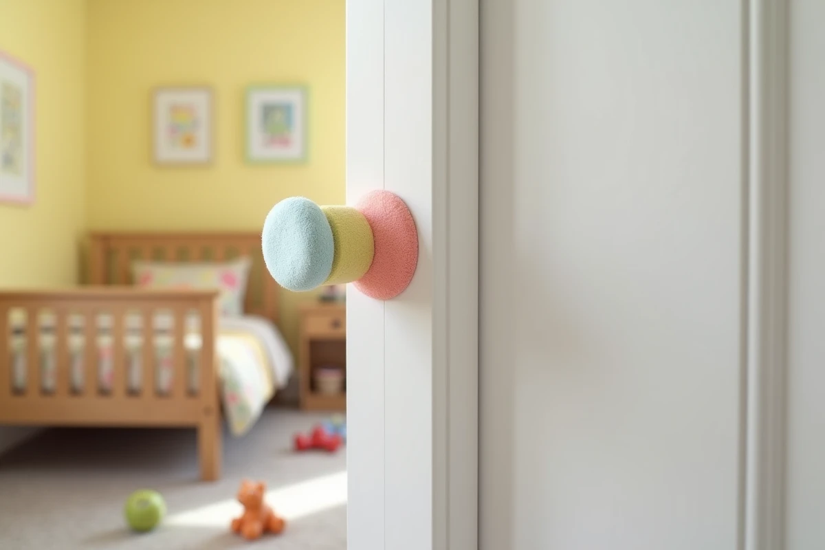Protection anti pince doigt colorée installée sans perçage sur la porte d'une chambre d'enfant moderne