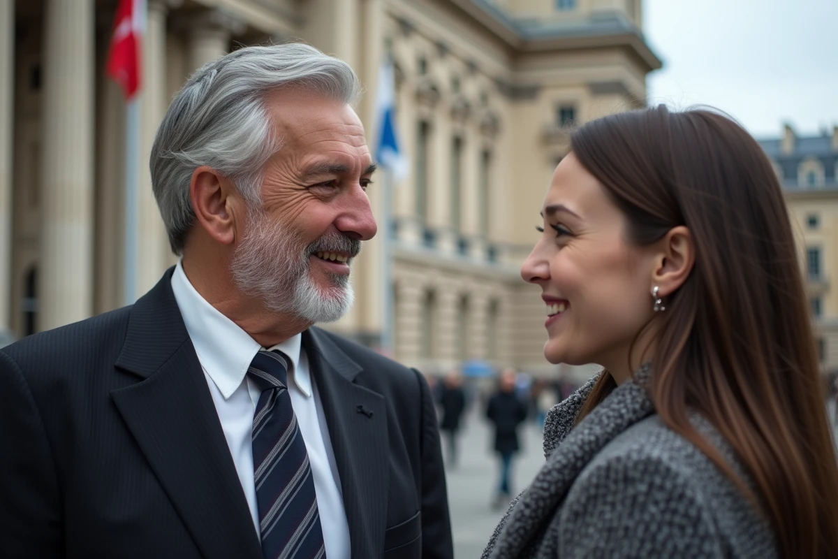 Homme et femme discutant devant l Assemblée nationale à Paris