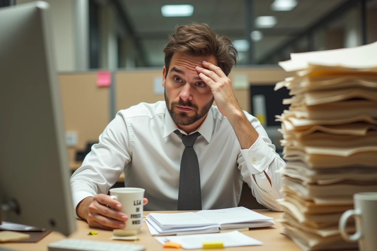 Homme au bureau submergé de dossiers à la rentrée 2026 avec une expression humoristique de désespoir