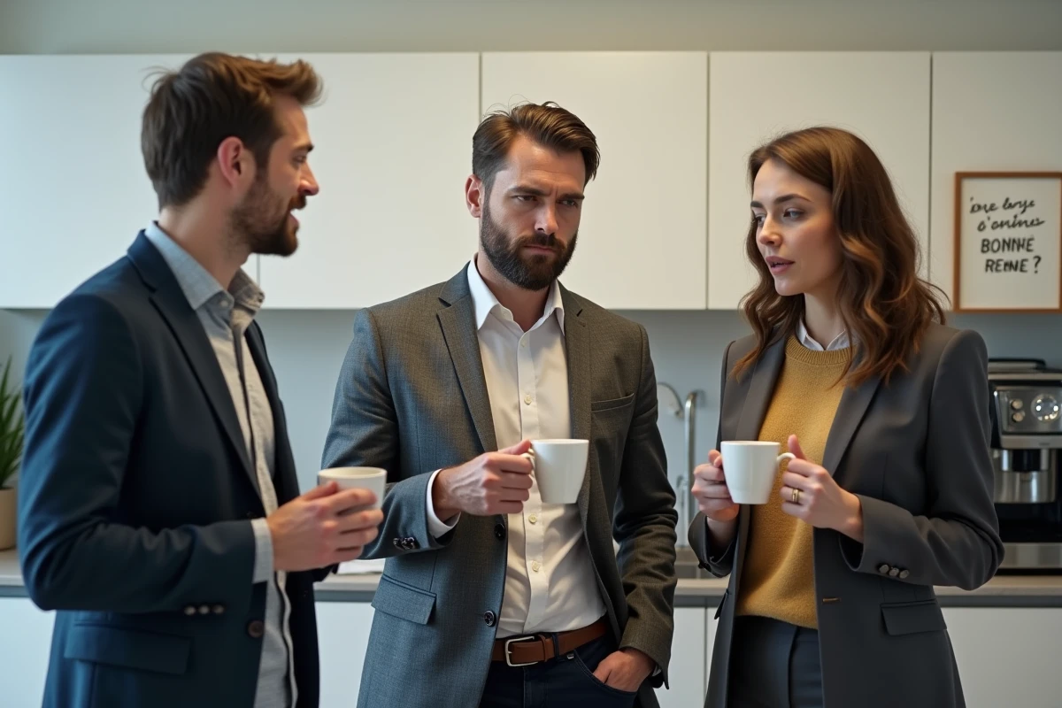 Groupe de collègues épuisés autour de la machine à café lors de la rentrée avec des expressions humoristiques