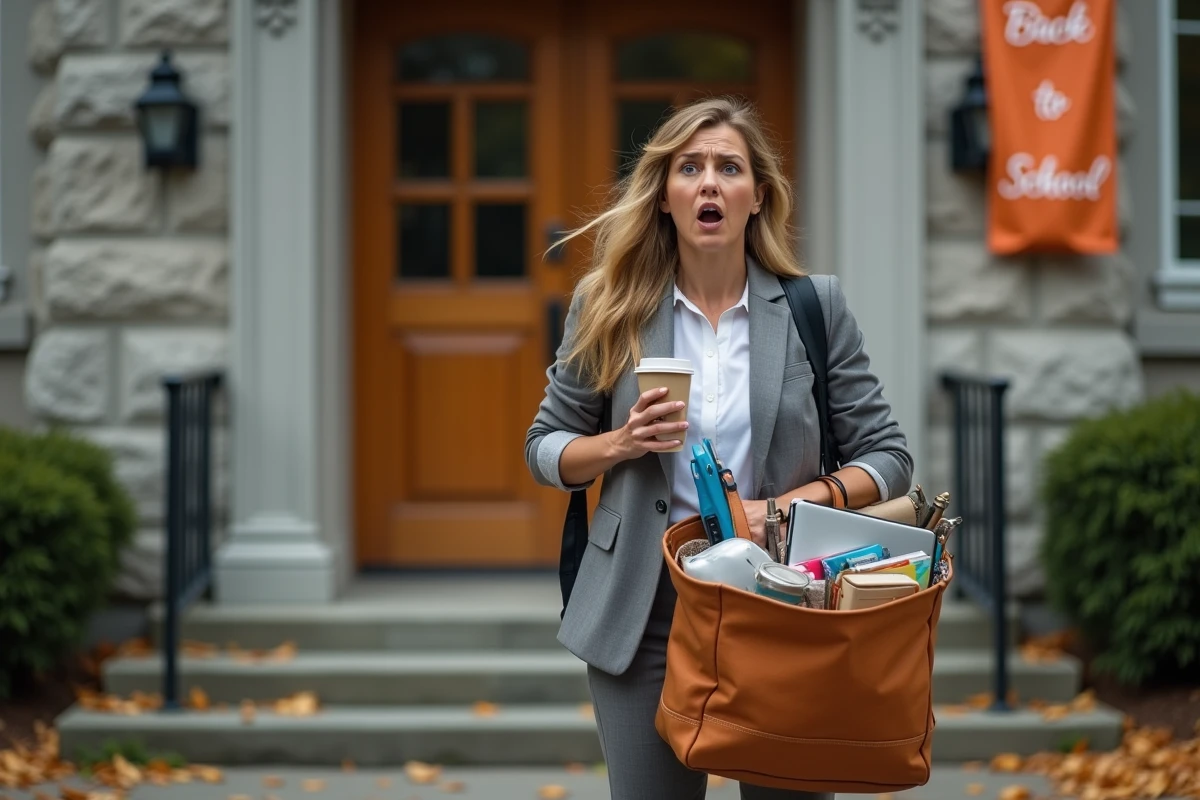Femme devant l'entrée d'une école à la rentrée avec un sac débordant et une expression comique de panique