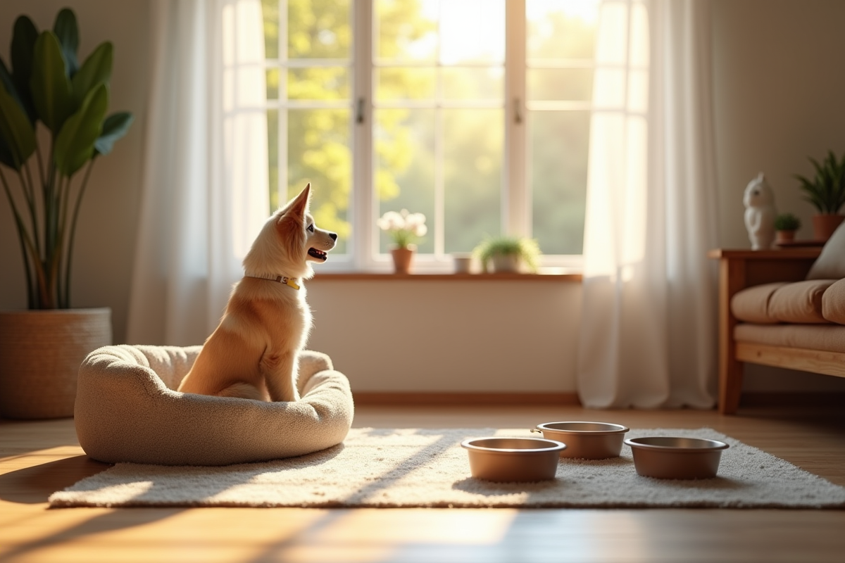 Salon accueillant avec panier et jouets pour animaux
