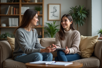 Femme en séance de thérapie avec un thérapeute homme dans un bureau chaleureux