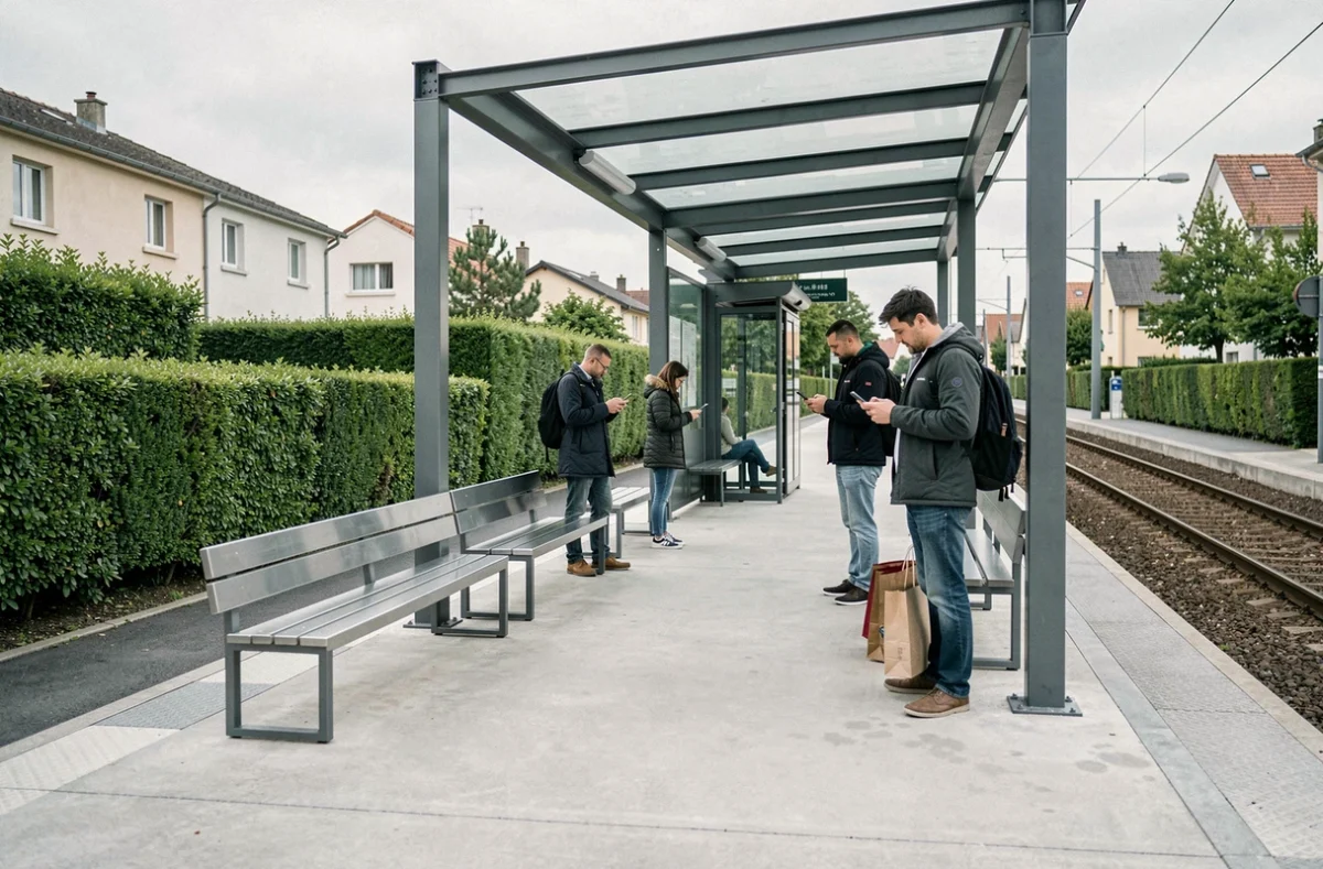 Station de tramway moderne dans le quartier résidentiel d'Orvault Le Cardo avec des voyageurs attendant sur le quai