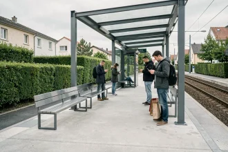 Station de tramway moderne dans le quartier résidentiel d'Orvault Le Cardo avec des voyageurs attendant sur le quai