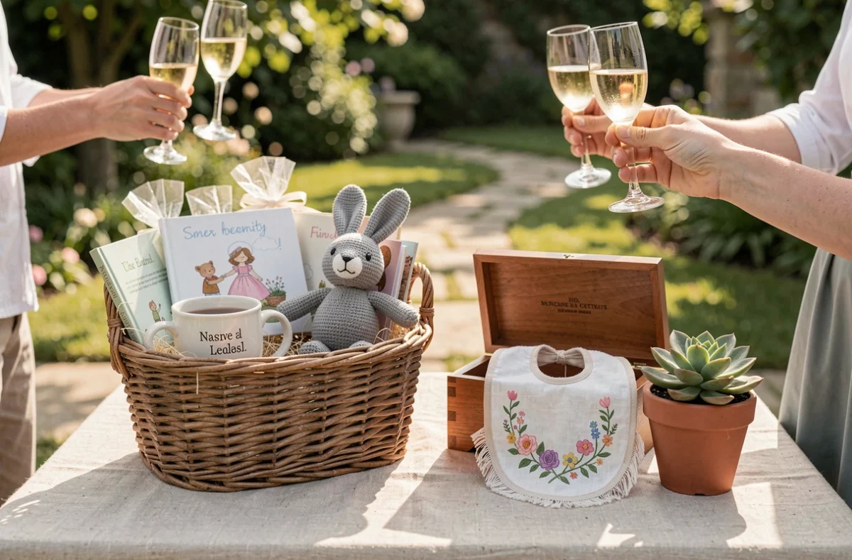 Deux cadeaux de baptême originaux et différents pour des jumeaux disposés sur une table de fête en plein air