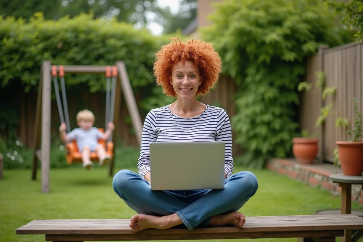 Femme en télétravail dans son jardin anglais en été, son fils joue dehors pendant les vacances scolaires 2026