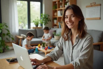 Mère en télétravail depuis son bureau à domicile pendant les vacances scolaires 2026, ses enfants jouent en arrière-plan