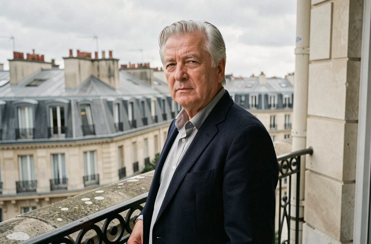 Portrait d'un homme distingué aux cheveux argentés sur une terrasse parisienne avec vue sur les toits haussmanniens, illustrant la vie privée et le cadre de vie de Thierry Breton en 2026