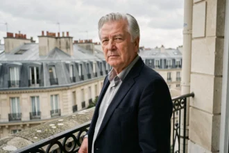 Portrait d'un homme distingué aux cheveux argentés sur une terrasse parisienne avec vue sur les toits haussmanniens, illustrant la vie privée et le cadre de vie de Thierry Breton en 2026