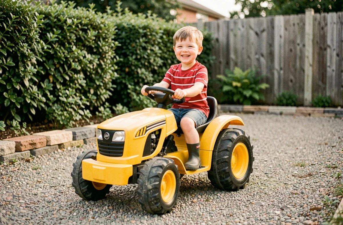 Enfant garçon conduisant un tracteur électrique jouet jaune sur un chemin de gravier dans un jardin résidentiel