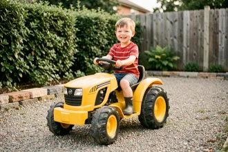 Enfant garçon conduisant un tracteur électrique jouet jaune sur un chemin de gravier dans un jardin résidentiel
