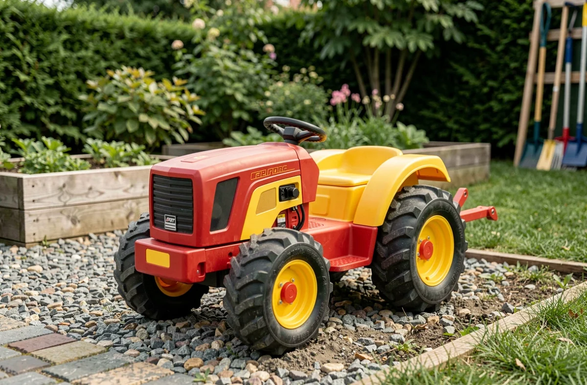 Tracteur électrique tout-terrain pour enfant avec remorque, posé sur gravier et pelouse dans un jardin