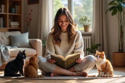 Femme chantant la comptine trois petits chats entourée de trois chats colorés avec un livre de chansons illustré