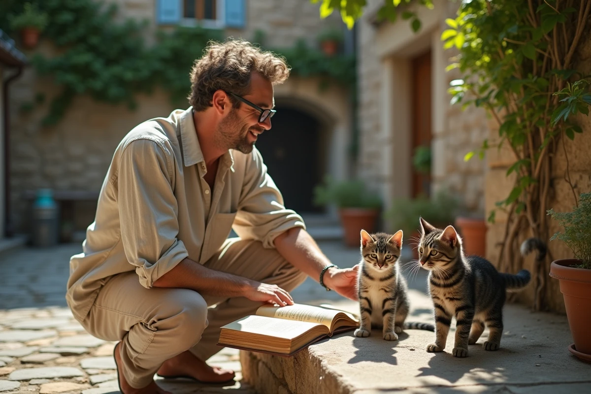 Homme dans une cour en pierre avec trois petits chats et un livre ouvert de chansons pour enfants en français