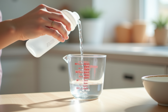 Main d'un parent versant de l'eau dans un verre mesure