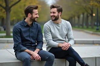 Deux hommes assis ensemble dans un parc urbain, illustrant la vie privée et les limites de la curiosité publique