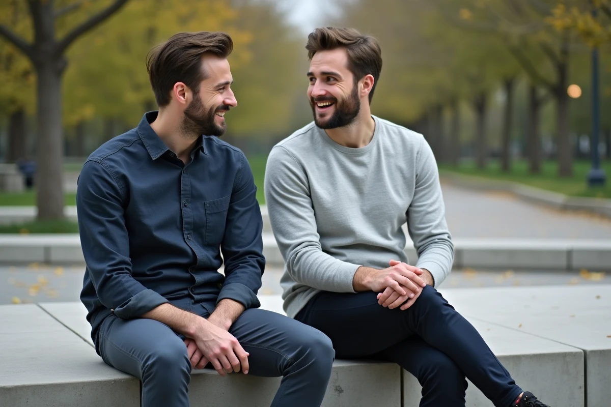 Deux hommes assis ensemble dans un parc urbain, illustrant la vie privée et les limites de la curiosité publique