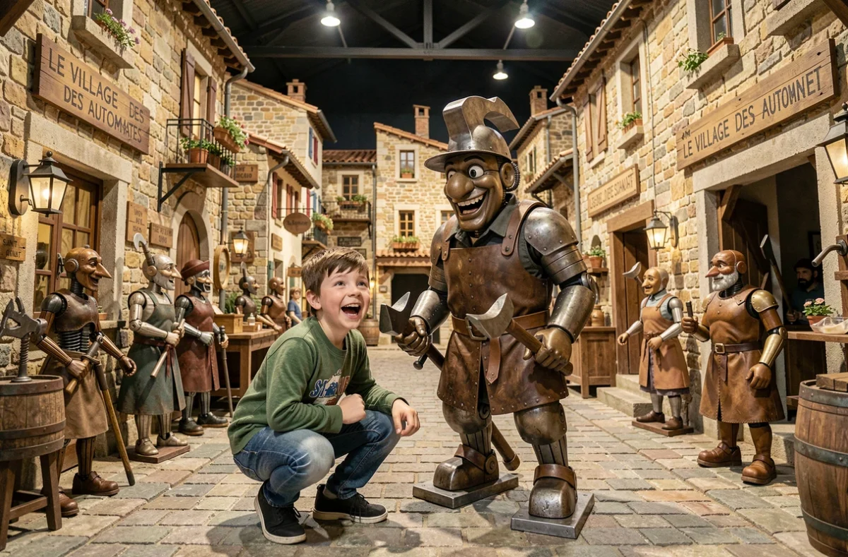 Petit garçon fasciné par un automate artisanal animé au Village des Automates de Saint-Cannat