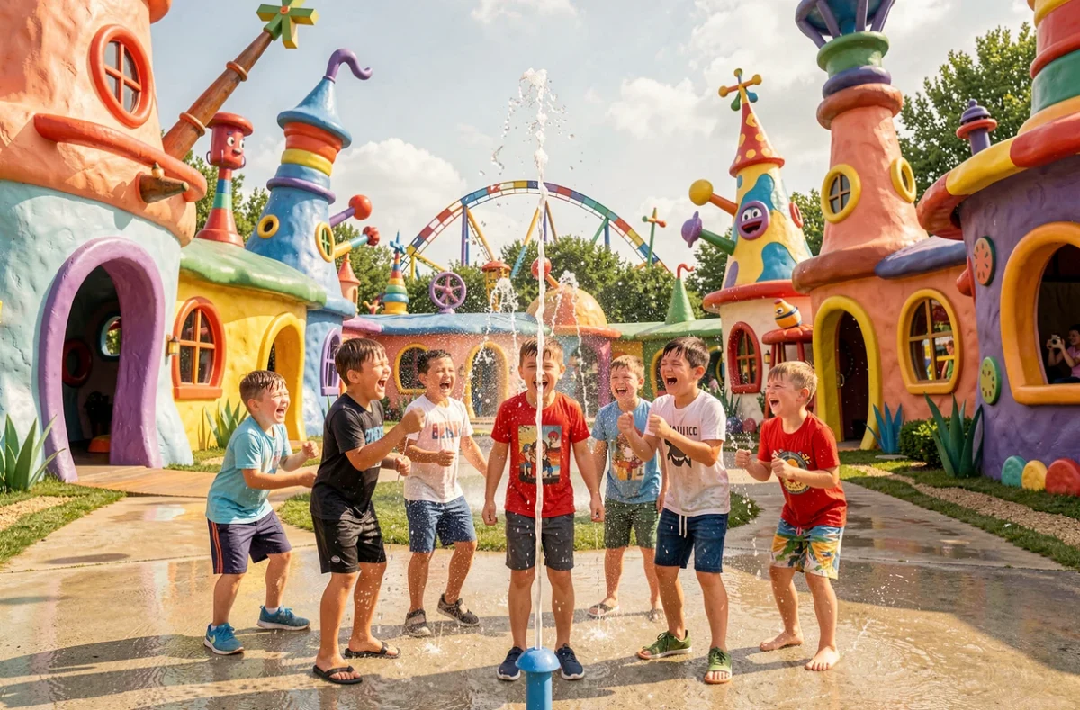 Groupe d'enfants hilares arrosés par des jets d'eau dans une attraction interactive au Village des Fous
