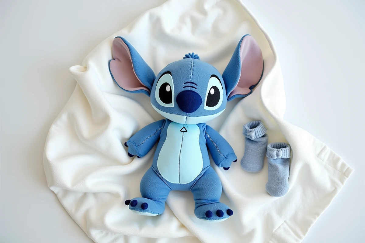 Vue de dessus d'une peluche Stitch respirante avec couverture mousseline et accessoires bébé doux